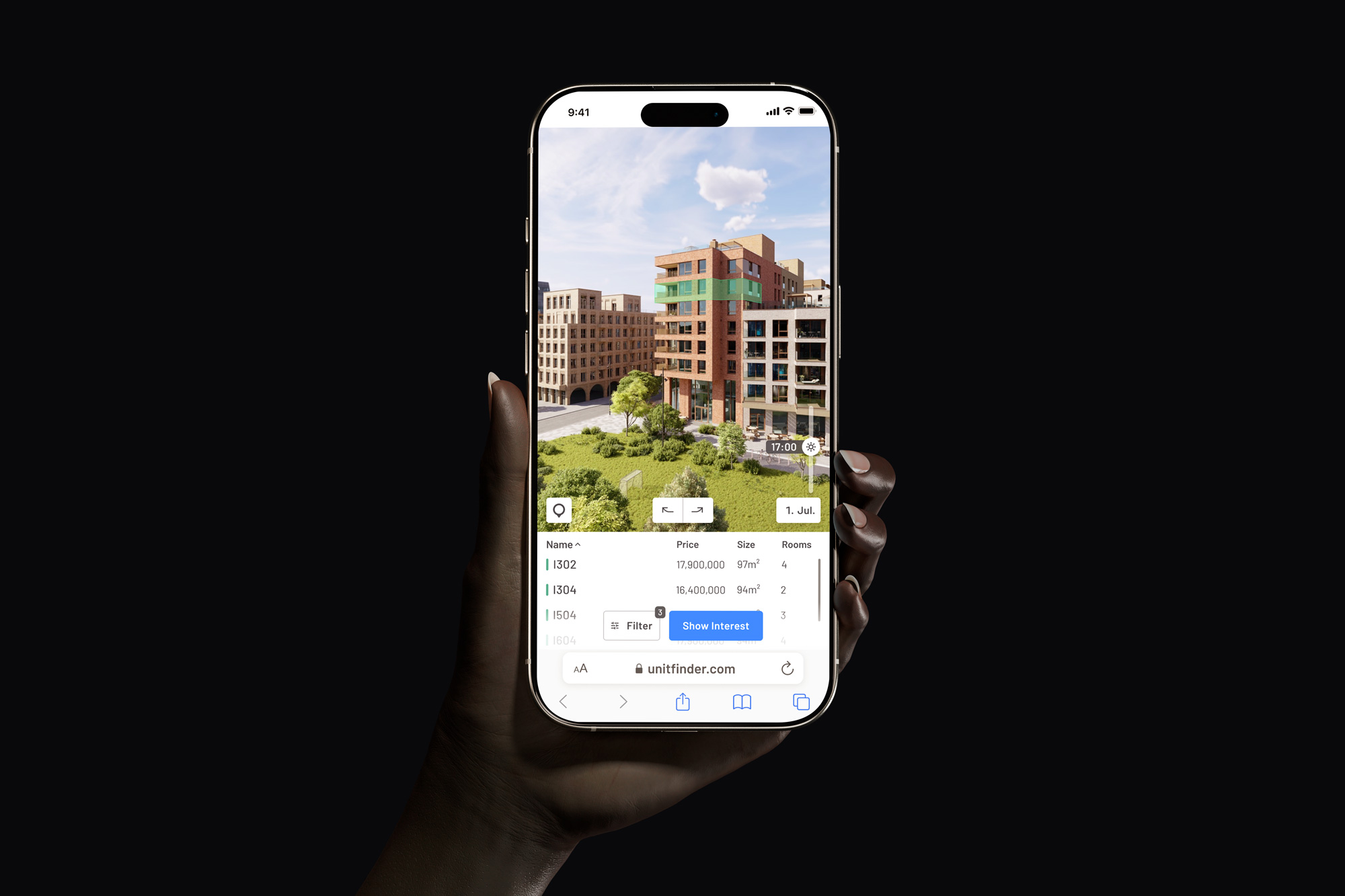 The Plyo storefront on a phone — a 3D project render above a live unit list with real-time availability