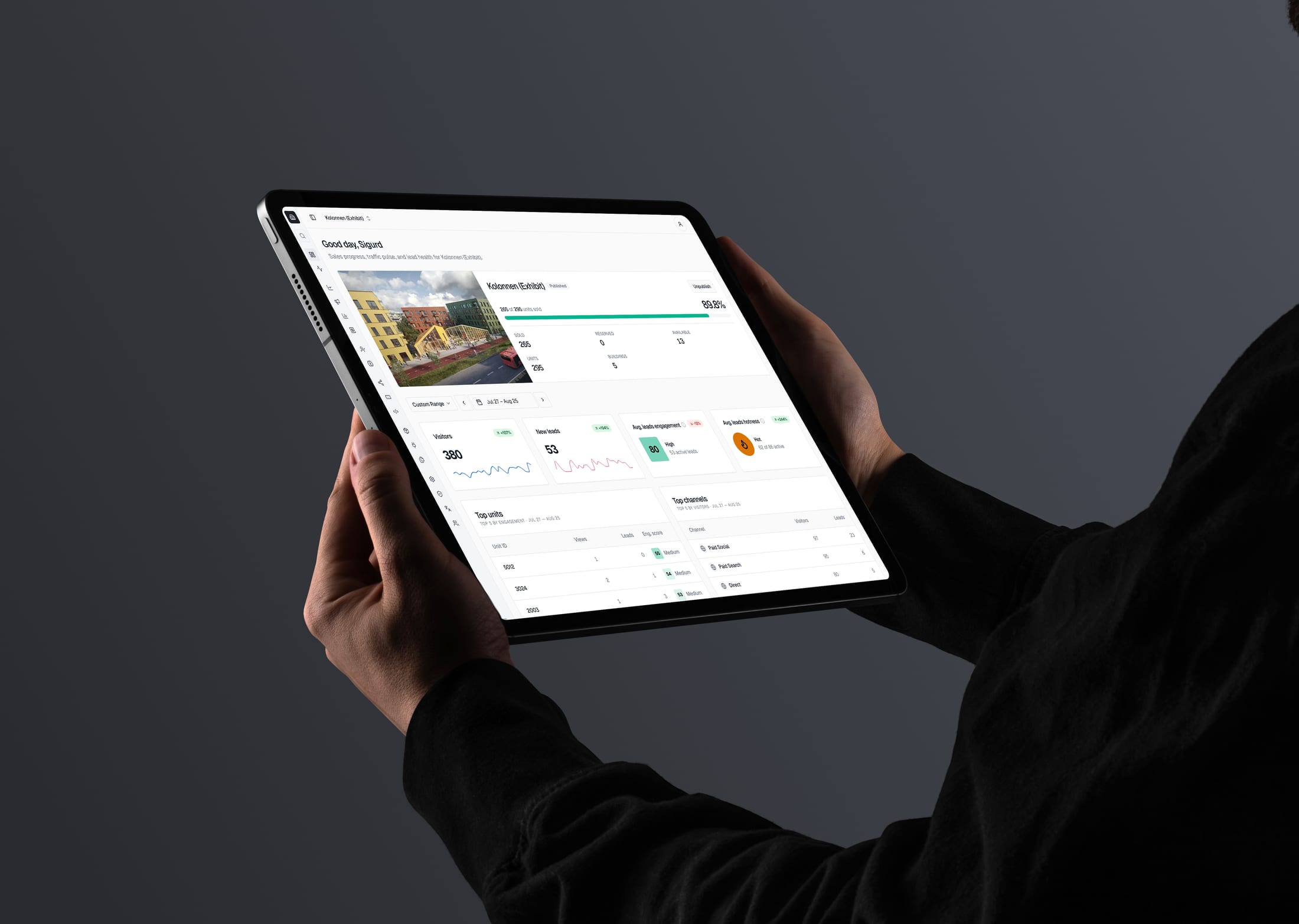 The Plyo Console on a tablet at dusk — a project's live demand dashboard