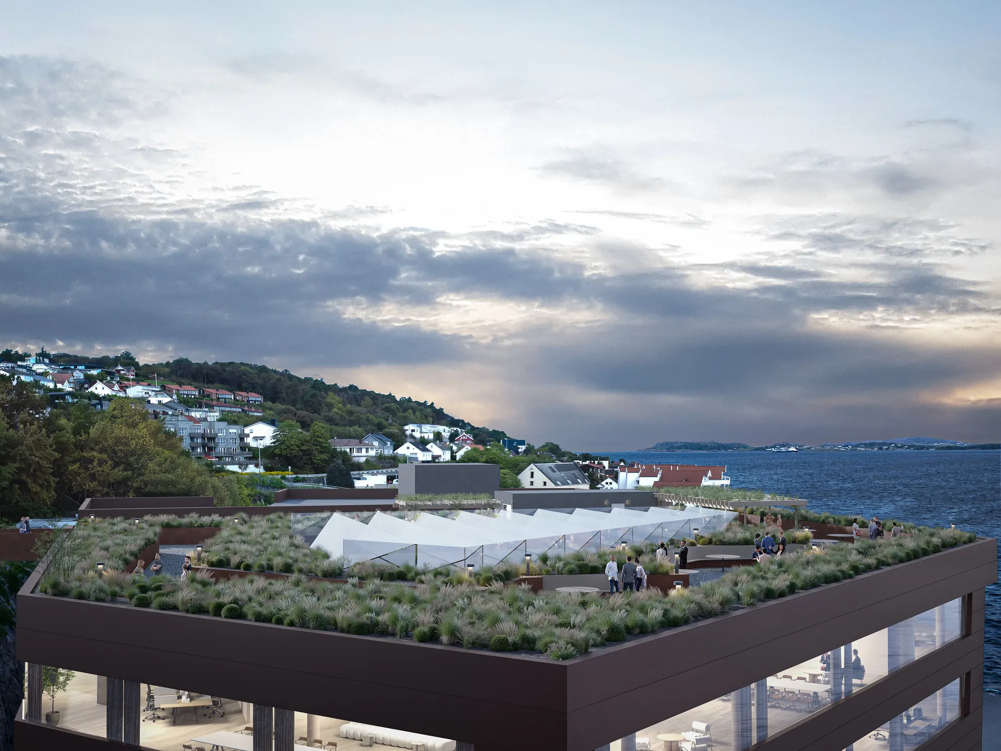 Roof-terrace render of a commercial building