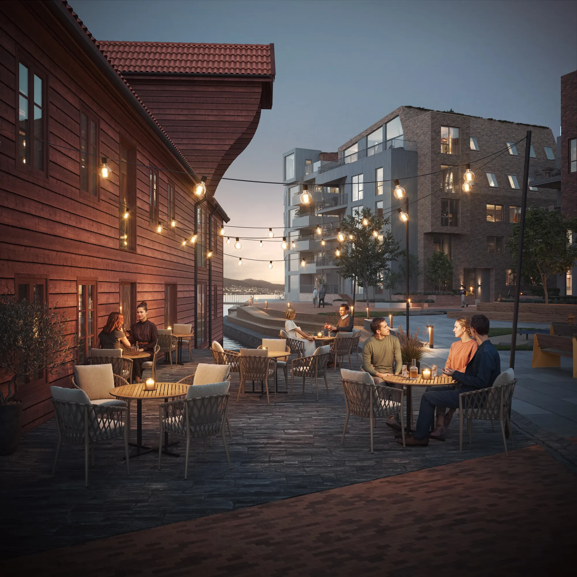 Waterfront exterior render at dusk