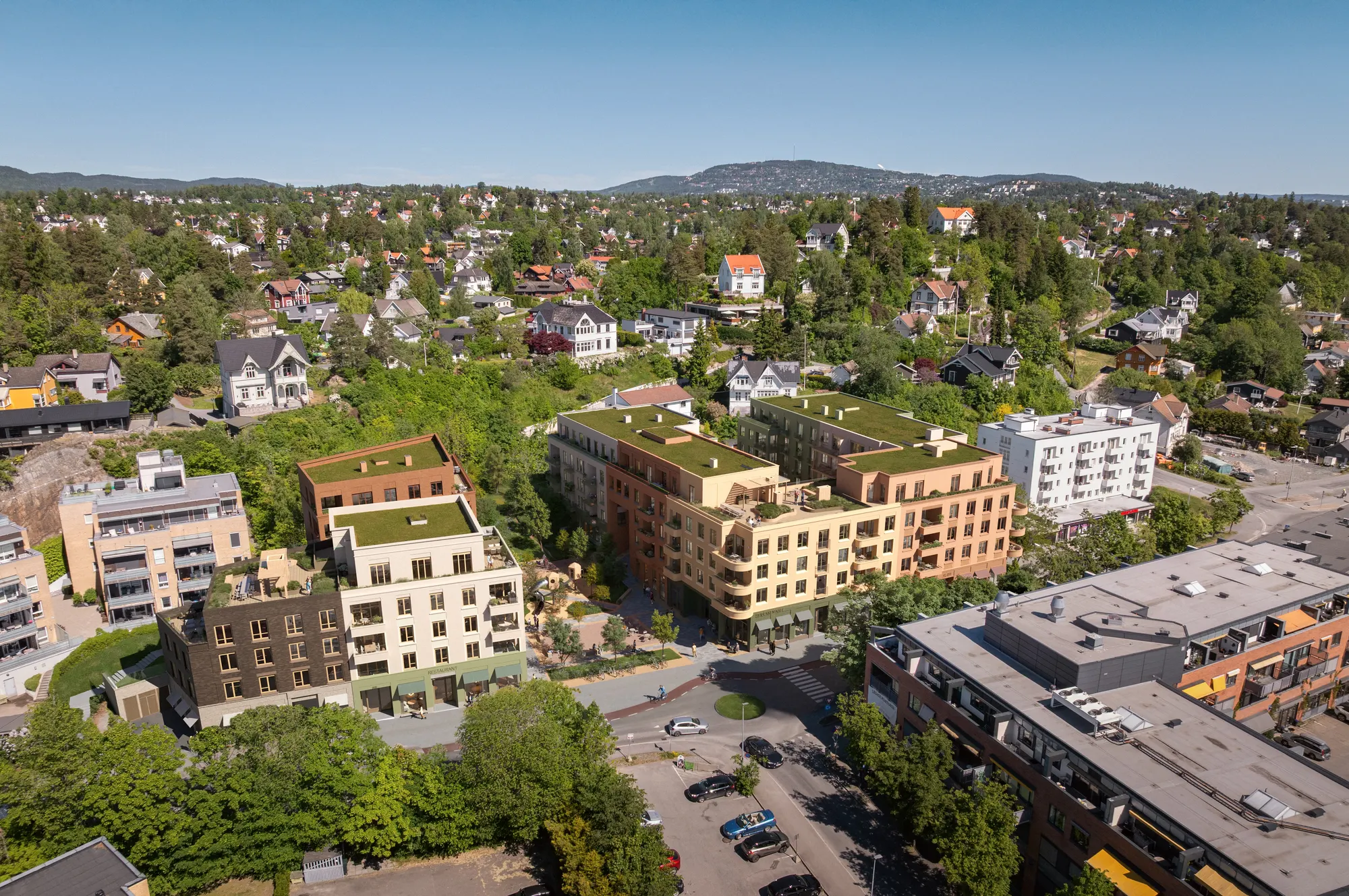 Drone overview render of an unbuilt development