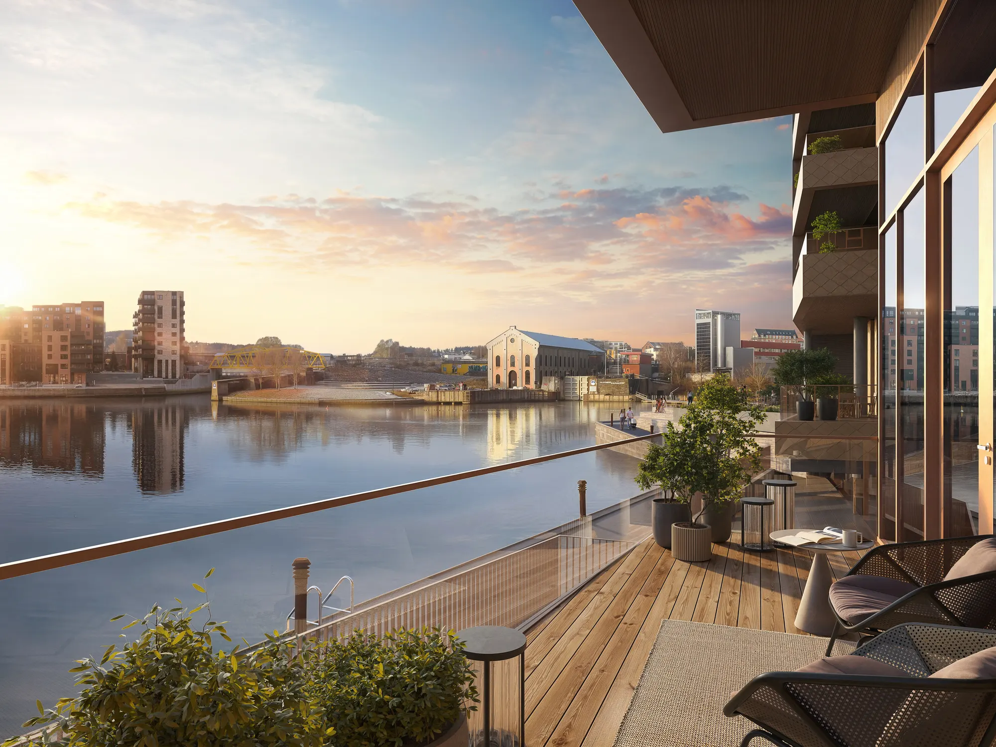 Sunset exterior render of a harbourside development
