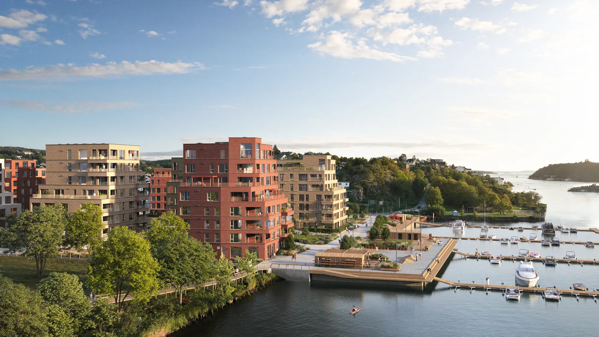 Aerial dusk render of the Innseilingen development
